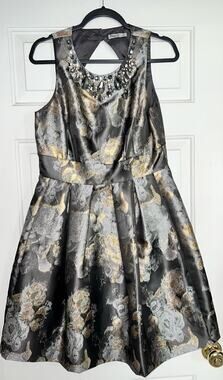 Eliza J Fit & Flare Dress Jacquard Metallic Gold/Silver/Black - size 10 - OD